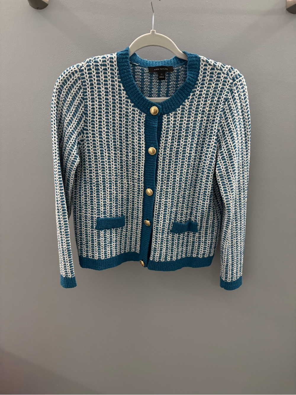 Ann Taylor Teal and Cream Knit Button-Front Women's Sweater
